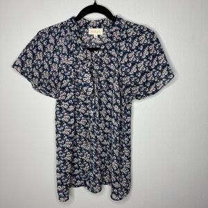 Modcloth Daisy Floral Blouse in Navy Blue Short Sleeve Hidden Button Up